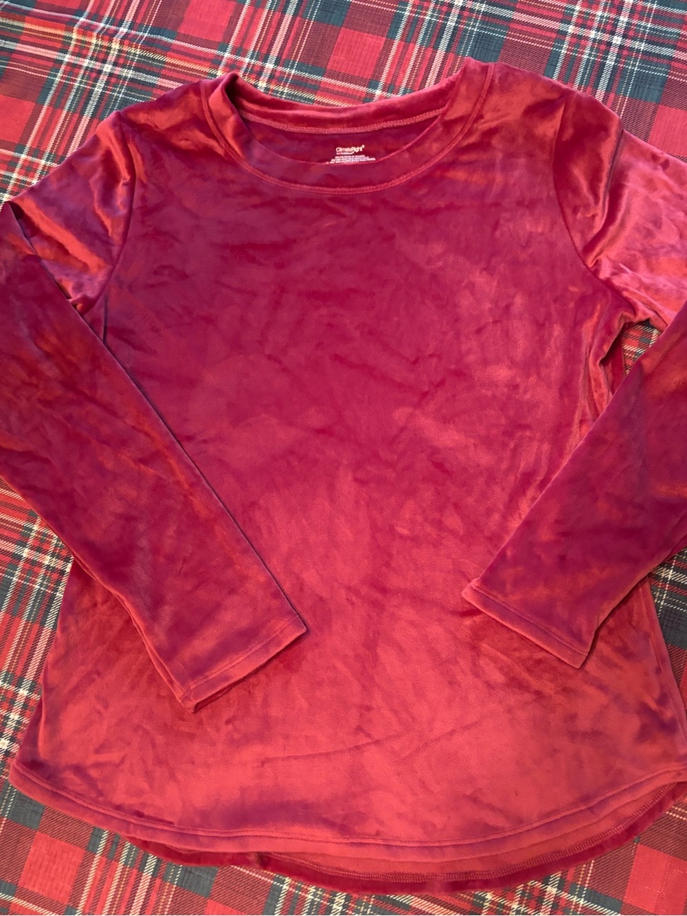 Velvet Long-Sleeve Crewneck Top - Burgundy